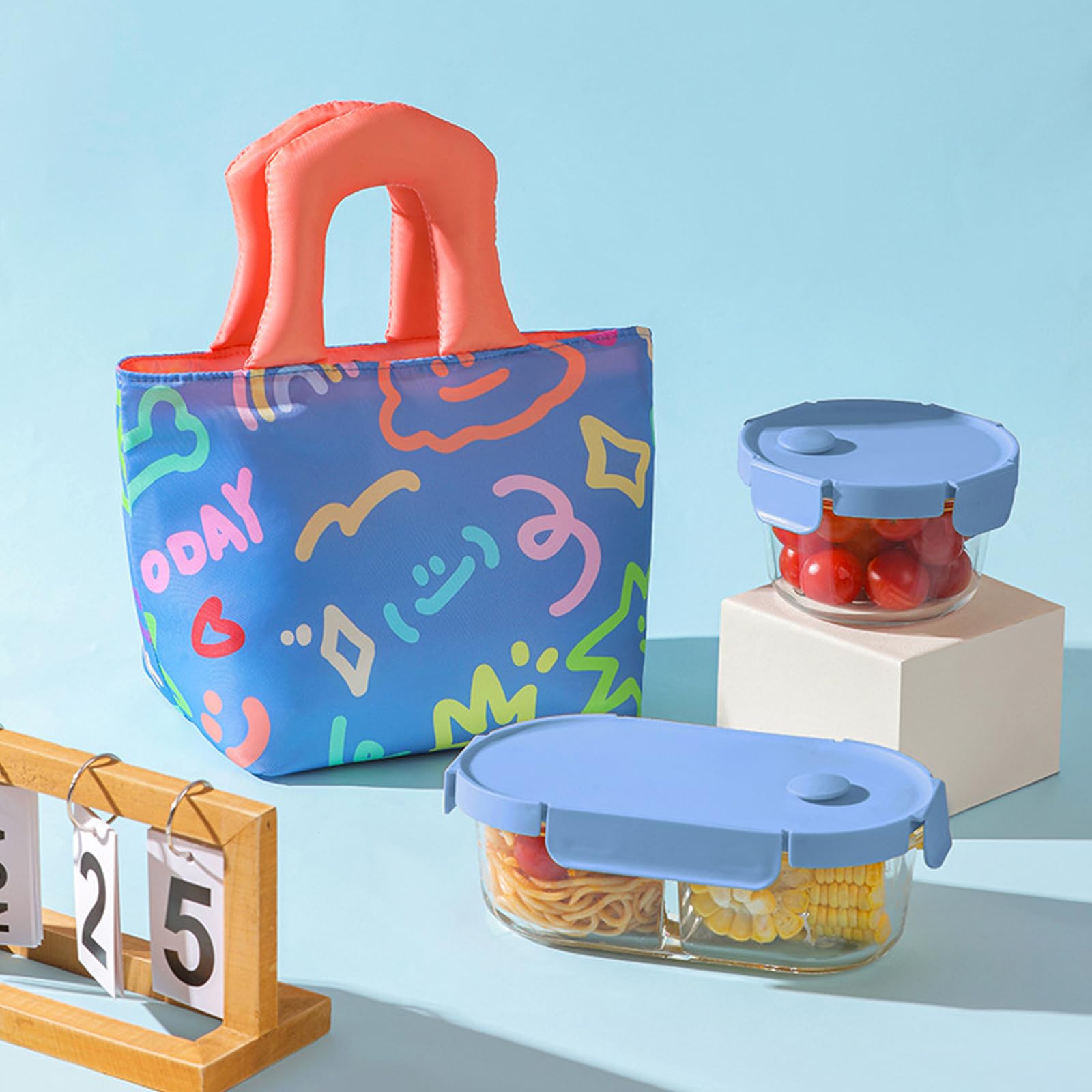 MiniMood 保冷保温ランチバッグ 20×20×14cm 3層断熱構造 アルミ箔裏地 ソフトハンドル付き (柄入り パステルカラー 軽量丈夫) - 通勤 通学 ピクニック対応(オレンジの手提げ)
