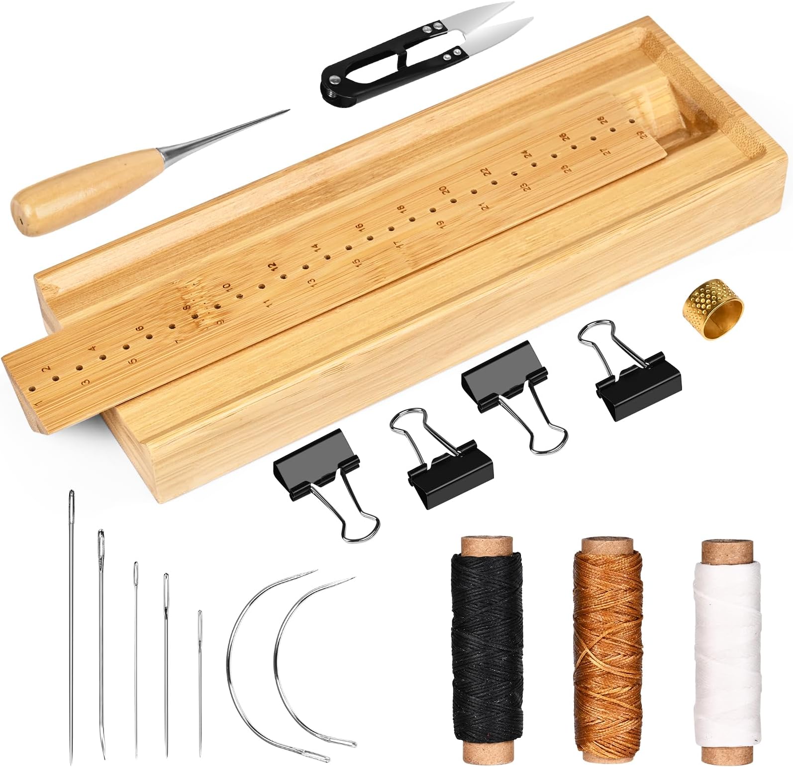 Bamboo Book Binding Kits,Bookbinding Kit for Signature Punching Tools, Bookbinding Punch Guide Supplies with Piercing Awl, Waxed Thread, Needles and Binder Clips, Scissor