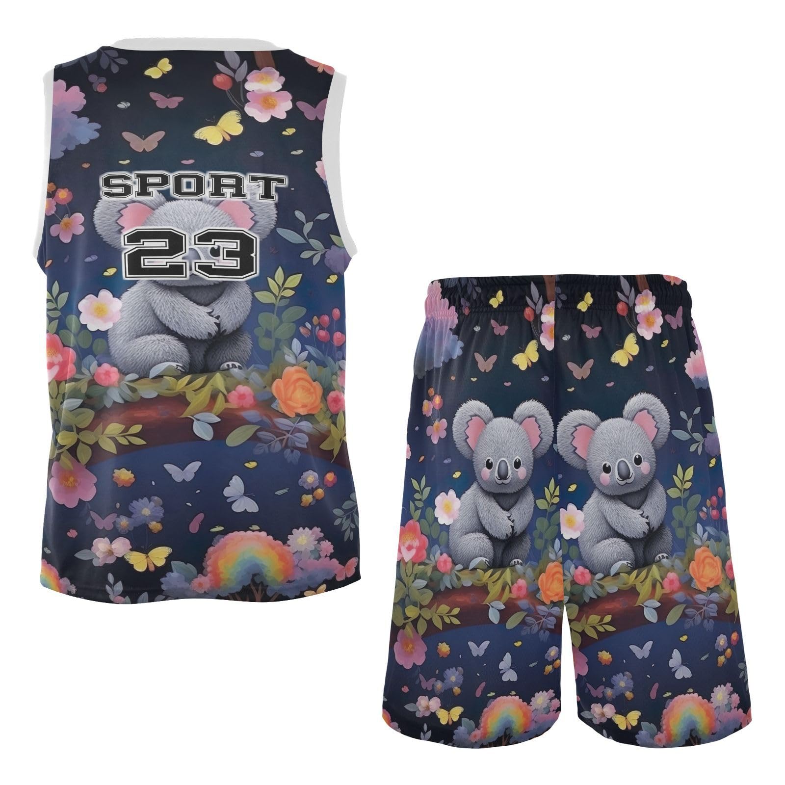 FLildon Cute Koala Rainbow Trees Boys Basketball Jersey Set Tank Top Shorts Tracksuit Sport Training Suit for Kids, L