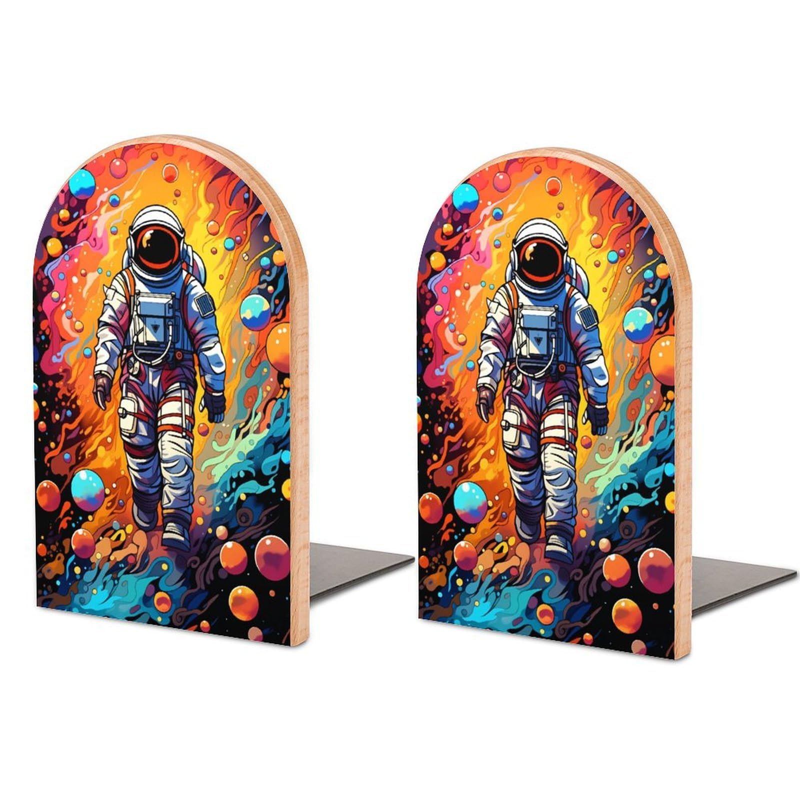 Astronaut Solid Beech Wood Bookends, Decorative Book Ends for Shelves, Non-Skid Desktop Book Organizer for Home Office, Library Decor (1 Pair, 4.7" X 6.7")