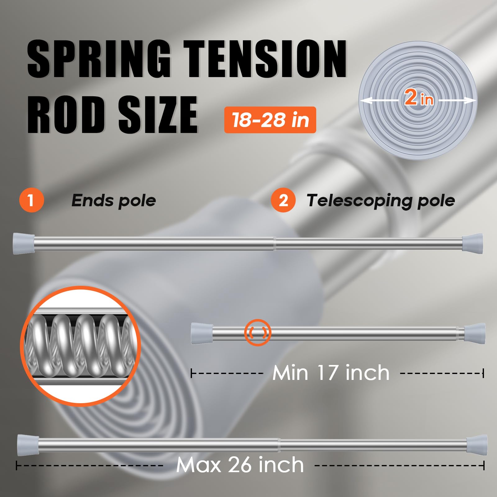 AIZESI Lot de 2 tringles à ressort réglables argentées de 40,6 à 71,1 cm, tringles à rideaux à tension courte pour fenêtres, tringles de tension extensibles sans perçage, tringles antidérapantes pour