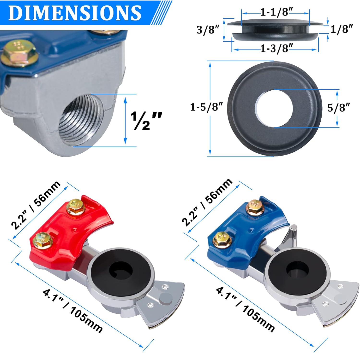 Glad Hands, 4 Set Blue & Red Aluminum Emergency Gladhands for Semi Trucks Trailers Air Lines 8 Glad Hand Seals