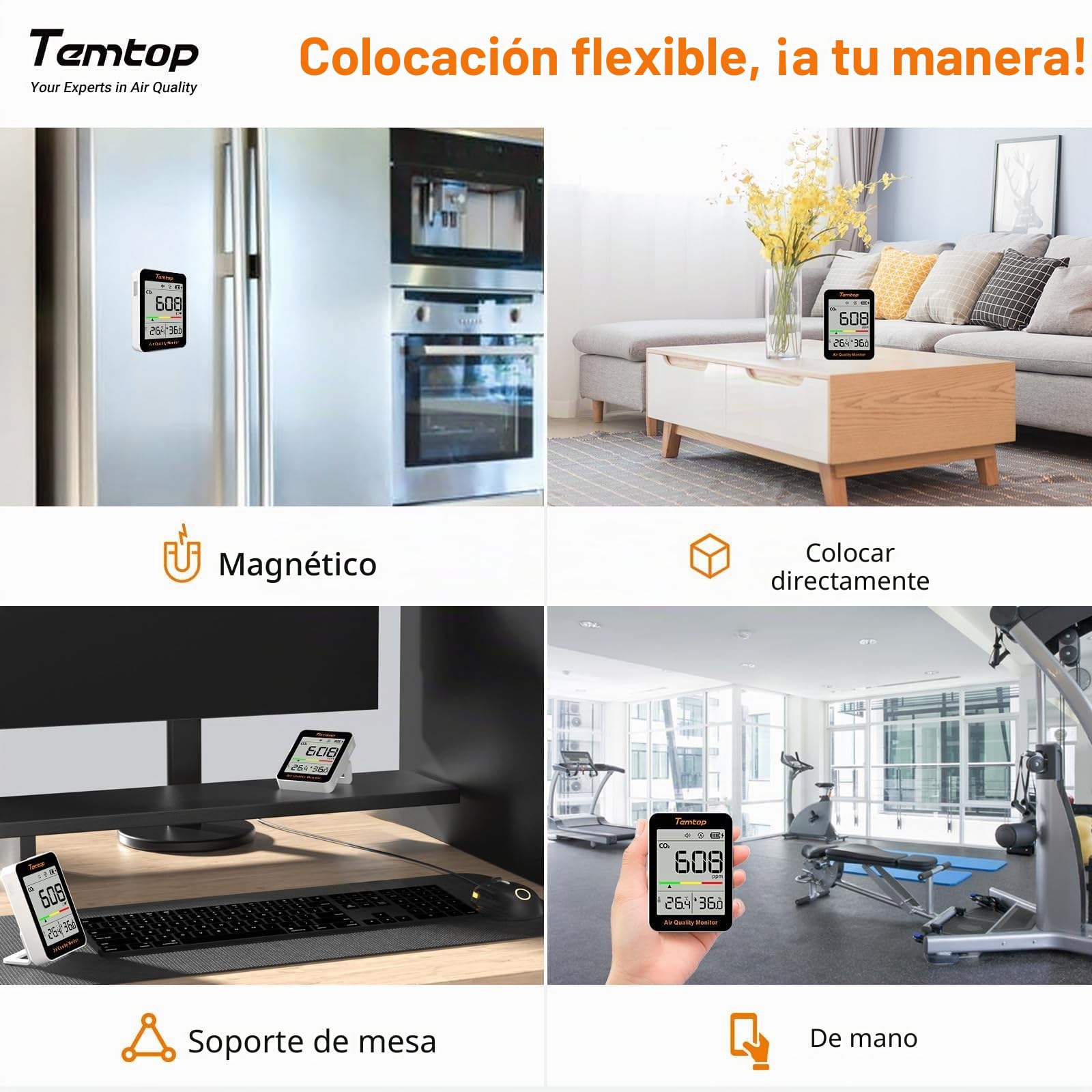 Temtop C1 Monitor de CO2, Monitor de Calidad del Aire Interior Medidor Portátil de CO2 Temperatura Humedad Hogar Oficina o Escuela