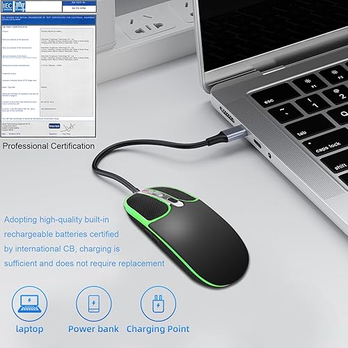 Miniatura 4 de DANCESOUL Mouse inalámbrico con botón de cuero, mouse para laptop, mouse LED con luz colorida RGB, mouse silencioso delgado recargable, mouse USB C,