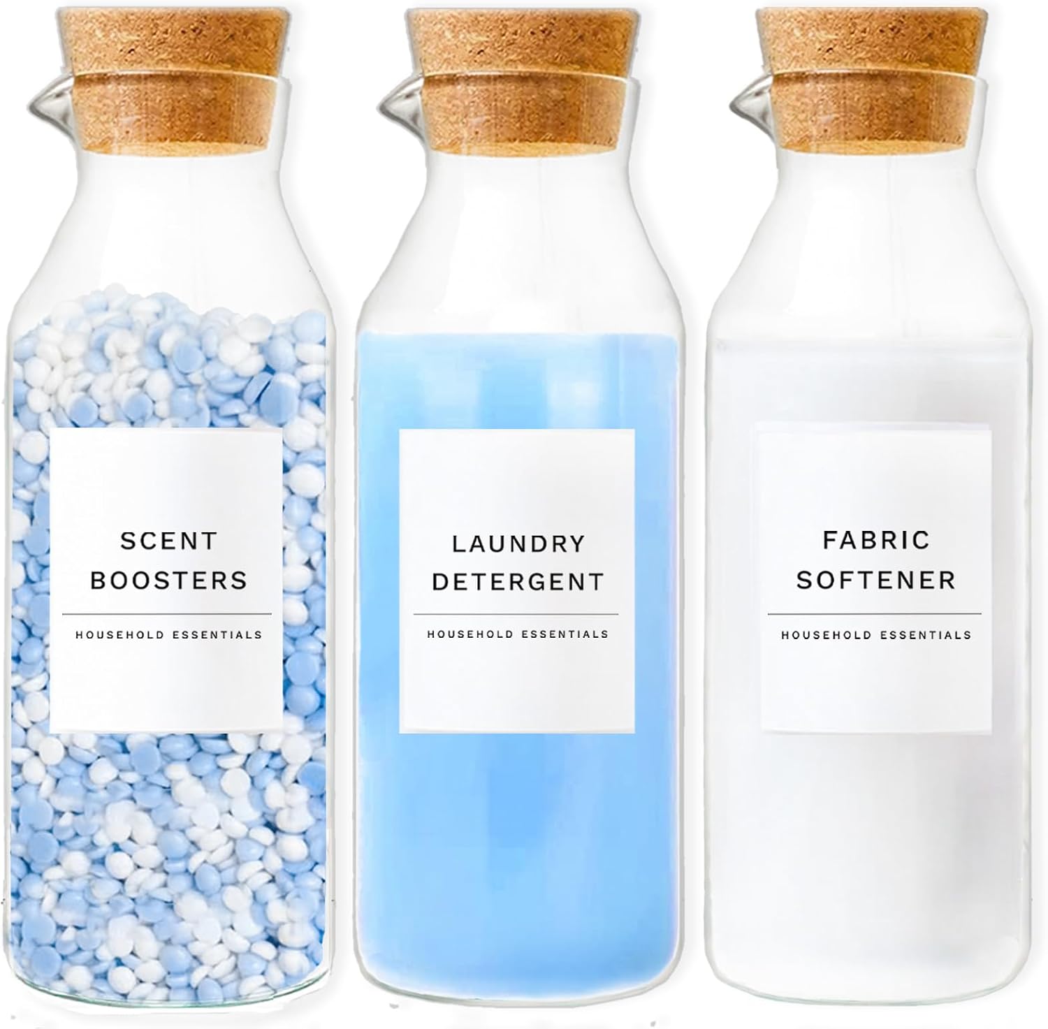 Glass Laundry Dispenser Set with Cork Lids, Fabric Softener & Bleach Dispenser, Easy Pour 3 Pack Liquid Detergent Containers, Scent Booster