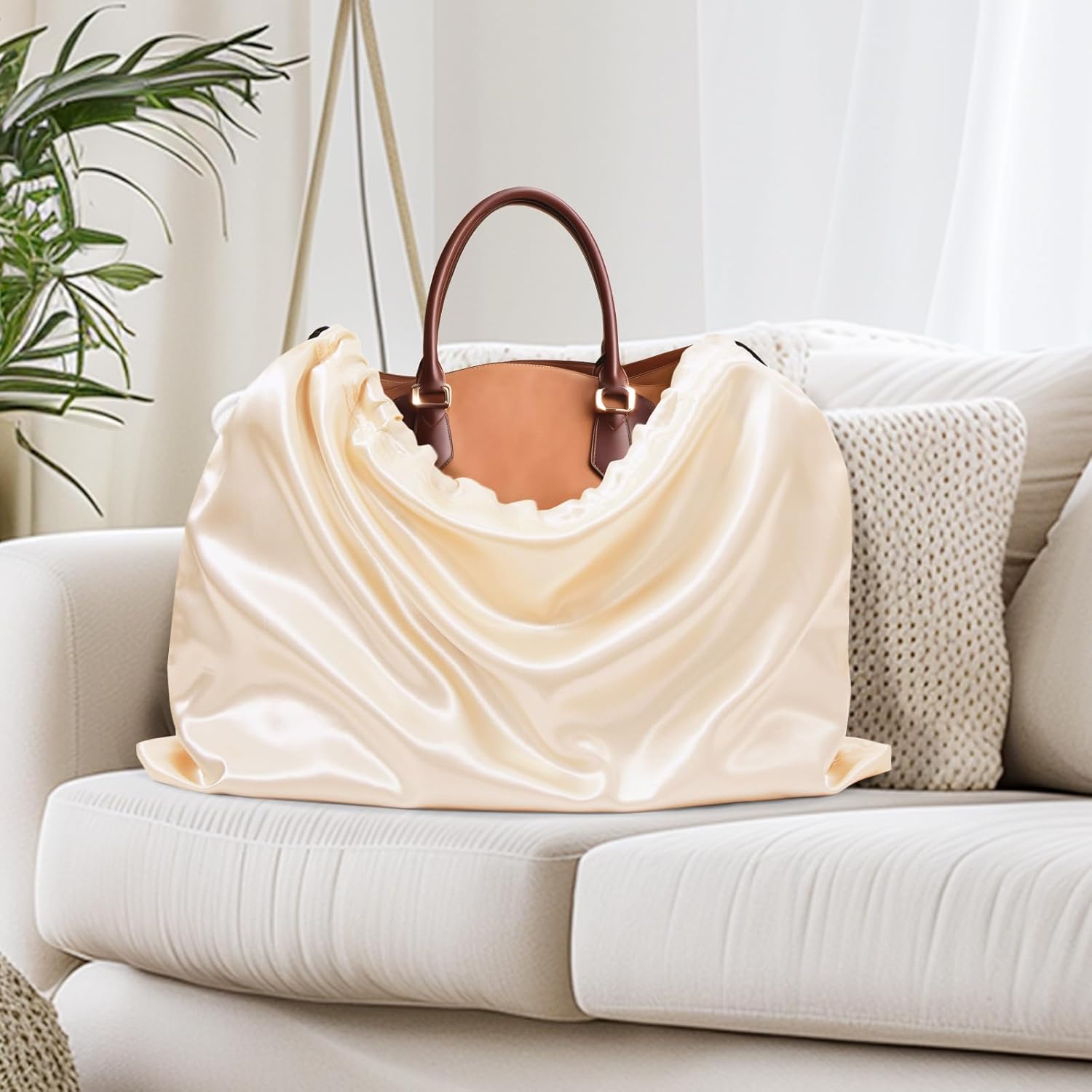 Ersmak 6 Pack Dust Bags for Handbags - Beige Silk Dust Cover Bag for Purses Shoes - Satin Drawstring Dustproof Bags for Travel Storage - 19.7 x 15.7 In - Image 3