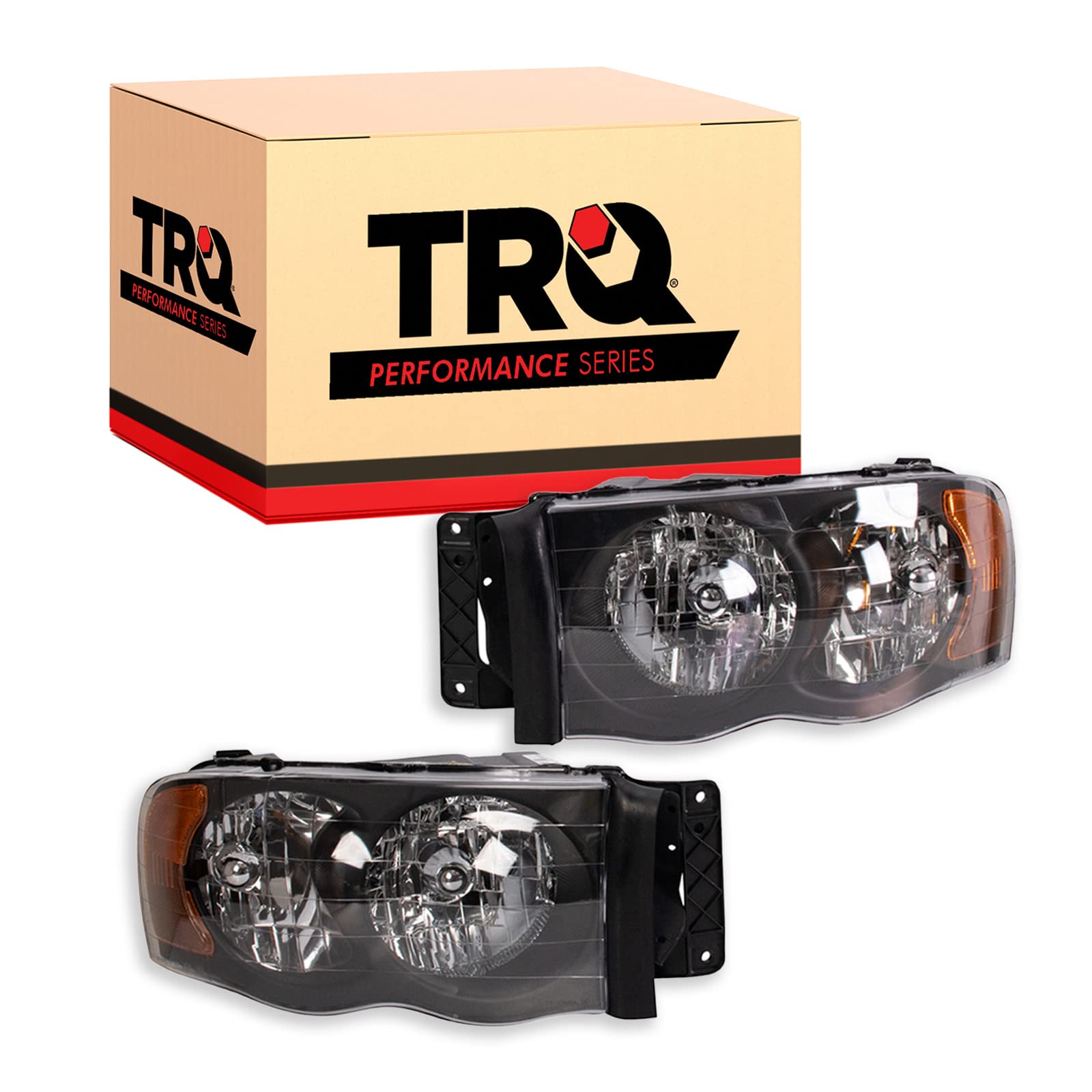 TRQ Performance 2 Piece Headlight Assembly Set Halogen Black Bezel Driver &amp; Passenger Side Compatible with Dodge Ram 1500, 2500, 3500 2002-2005 CH2502135 CH2503135