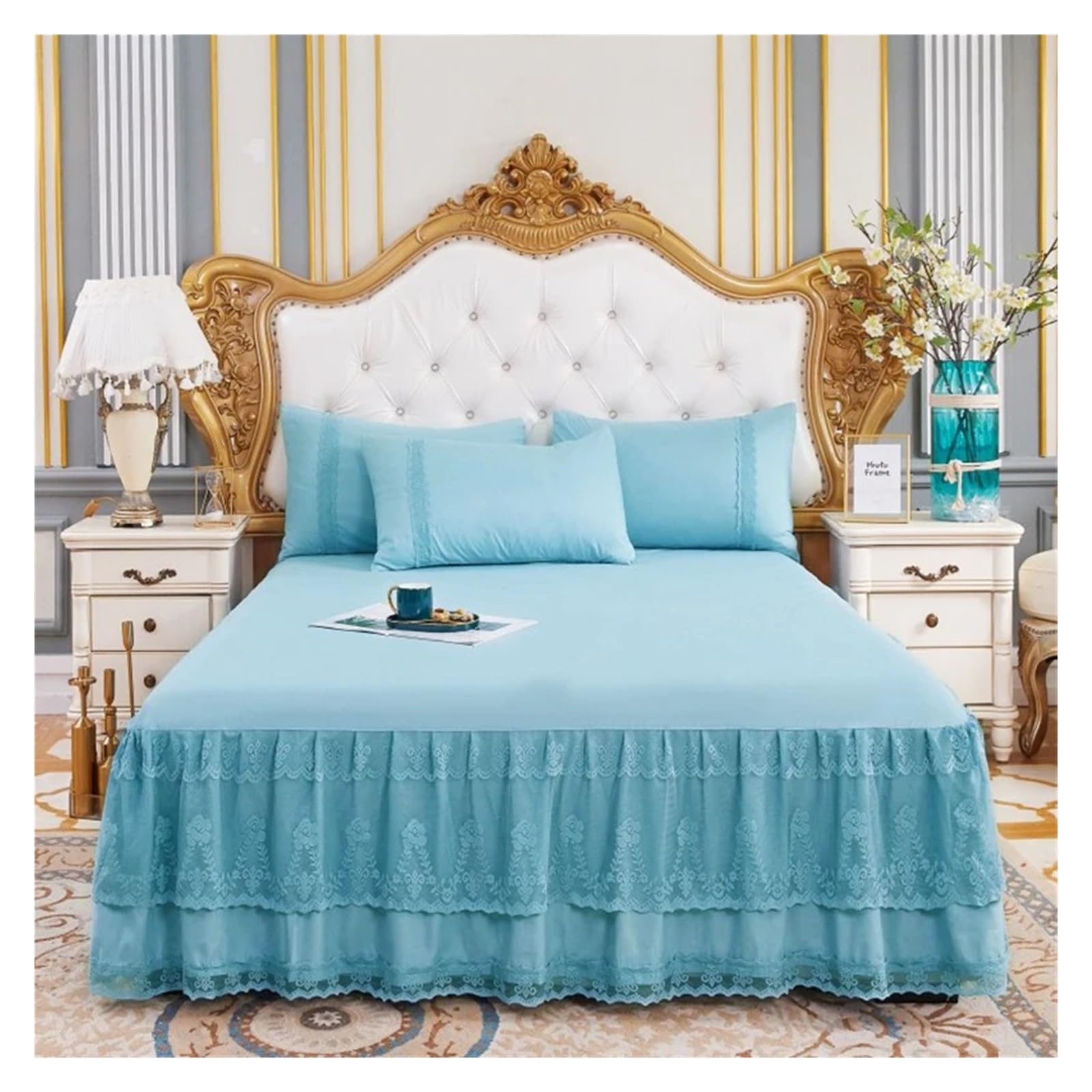 Bed Skirt Pillowcase Bed Set Ruffle Three Layers Lace Bedspreads Sheet Soft Fitted Sheet Cover(11,180x200cm 3pcs set)