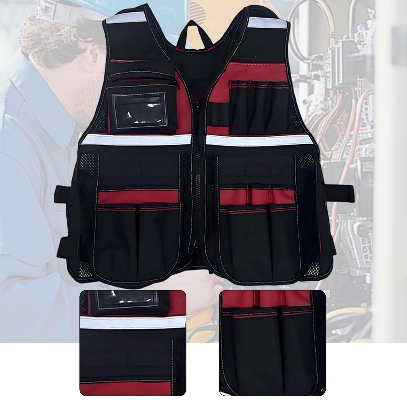Chaleco Portaherramientas Ligero para Adultos, Ideal para Trabajos de Mantenimiento Al Aire Libre Y Fontanería, Color Negro Y Azul, negro y rojo