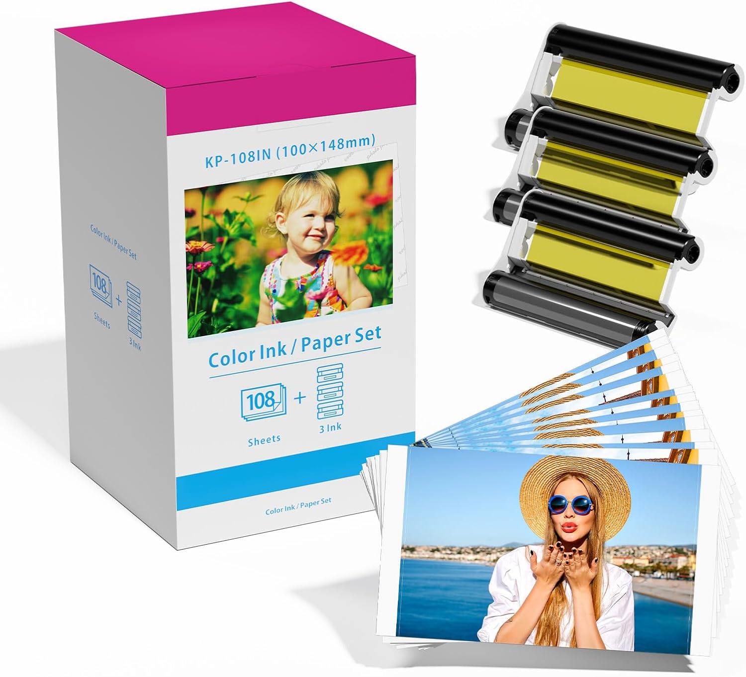 Compatible Canon Selphy CP1500 Ink and Paper For Selphy CP1300 CP1200 CP1000 CP910, KP-108IN KP108 3 Color Ink Cartridges and 108 Photo Paper Sheets (4'' x 6'' Glossy) for CP Photo Printers