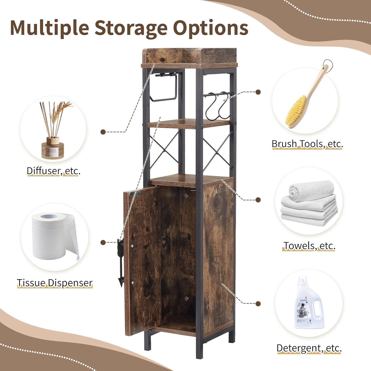 VECELO Small Bathroom Storage Cabinet, Slim Toilet Paper Holder with Shelves & Metal Racks, Organizer Cabinet for Narrow Spaces, Rustic Brown, Farmhouse Style