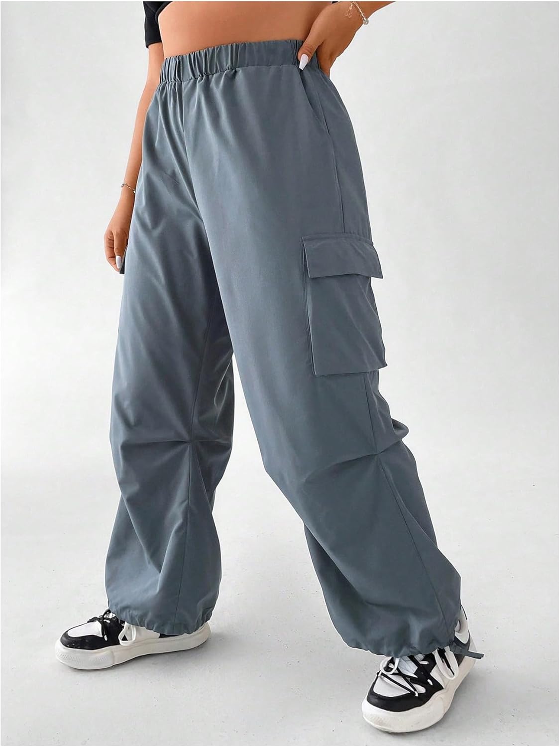 OYOANGLE Women's Plus Size Elastic High Waist Flap Pocket Cargo Pants Streetwear Loose Baggy Trousers with Pocket - Image 4