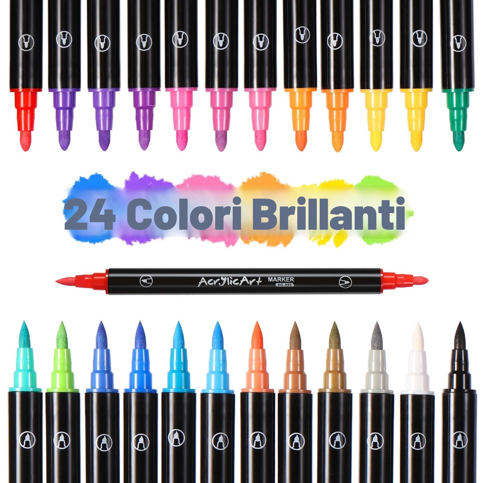 Diboniur 24 Colori Pennarelli Acrilici Doppia Punta, Punta Fine Pennello e Punta Media Set Pennarelli, Acrylic Marker Ad Acqua per Dipingere Sassi, Colorazione, Legno, Vetro, Tessuti, Pittura