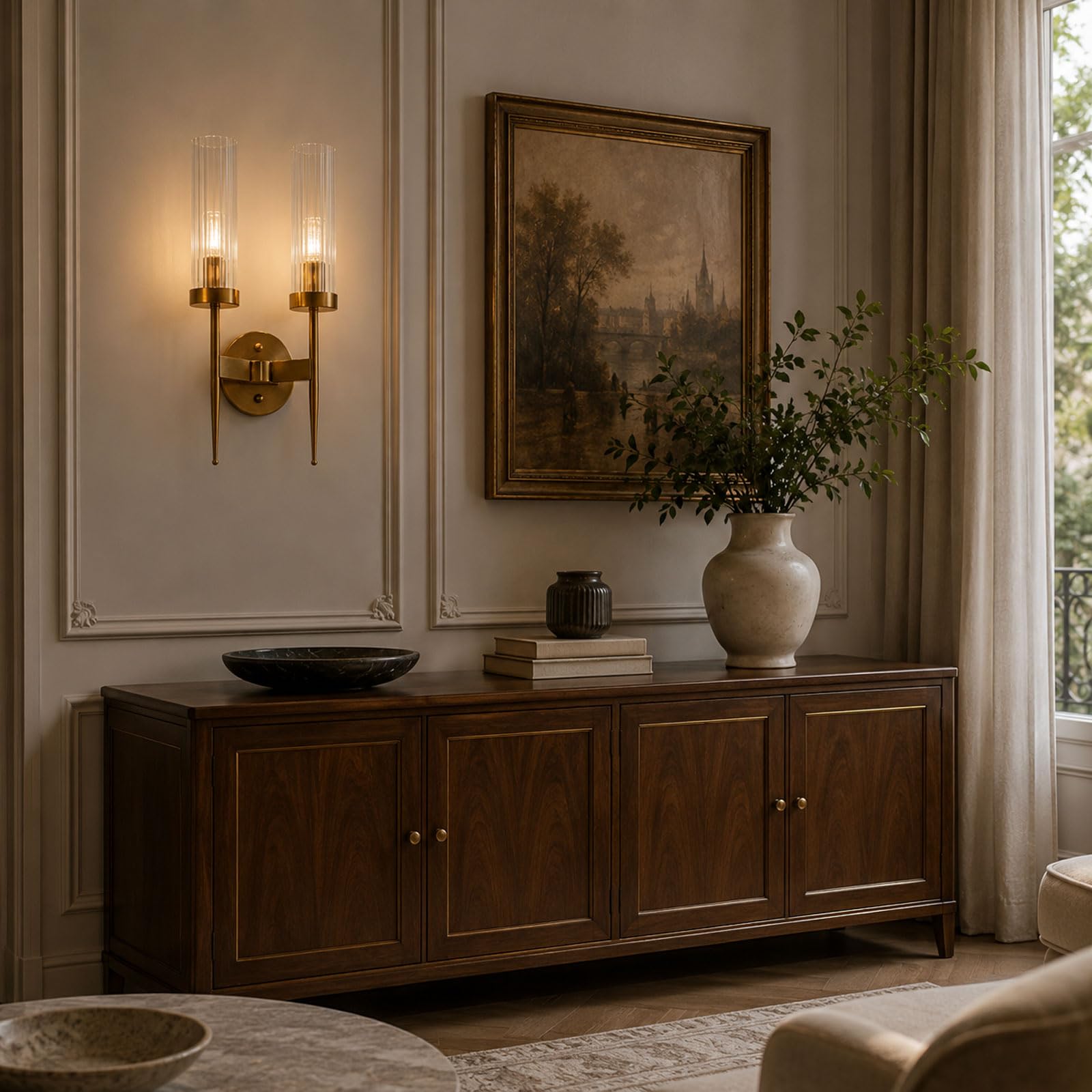 Aplique de Pared de Cristal y Base Dorada E14, Accesorios de Lámpara de Pared Modernos (2 Luces) | Lámpara de pared con cable de 43 cm con cristal transparente para dormitorio, pasillo, sala de estar, escalera y entrada
