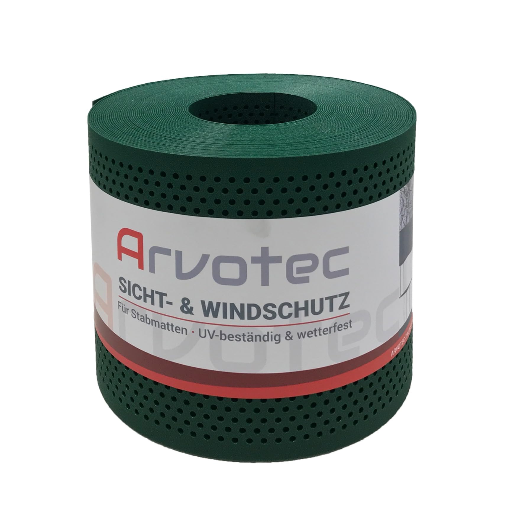 Arvotec Sichtschutz, gelochte Optik, 25 Meter, zur Anbringung an Doppelstabmatten, Lärm-, Sicht- & Windschutz - einfache Montage, ohne Werkzeug - Made in Germany (Grün - RAL 6005)
