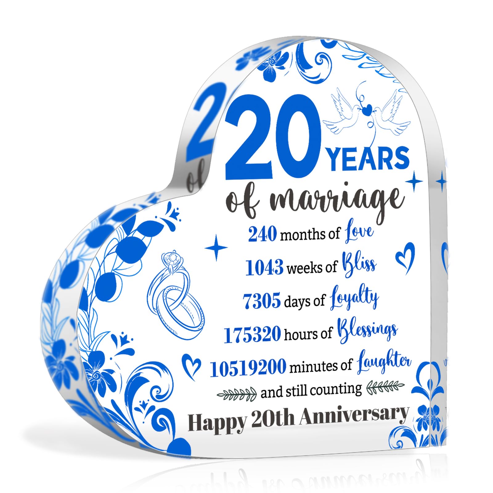 HOWAF 20th Wedding Anniversary Plaque Romantic Gifts for Her Him, China Anniversary Wedding Gifts for Couple, Heart-Shaped Acrylic Plaque Acrylic Sign for 20th wedding anniversary Presents for Couples — image 1