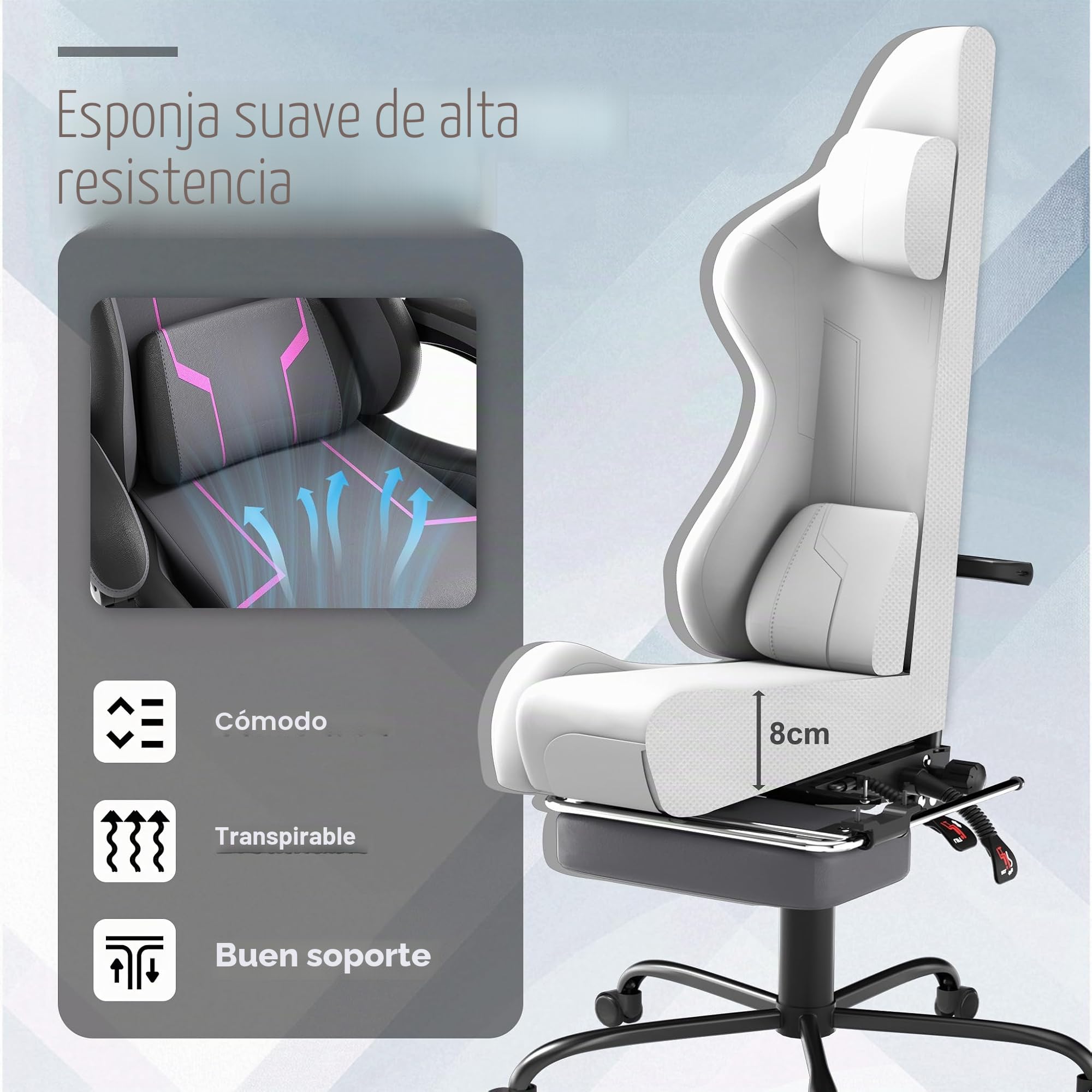 UISEBRT Silla de Gaming Ergonómica con Masaje y Reposapiés, Cómodo Asiento de Gaming Silla de Gaming con Respaldo Ajustable, Reposacabezas y Cojín Lumbar de Masaje - Gris & Negro & Violeta