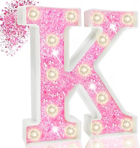 Letras con luces LED de marquesina, letras rosas iluminadas con purpurina, letras del alfabeto con bombilla de diamante para luz nocturna,