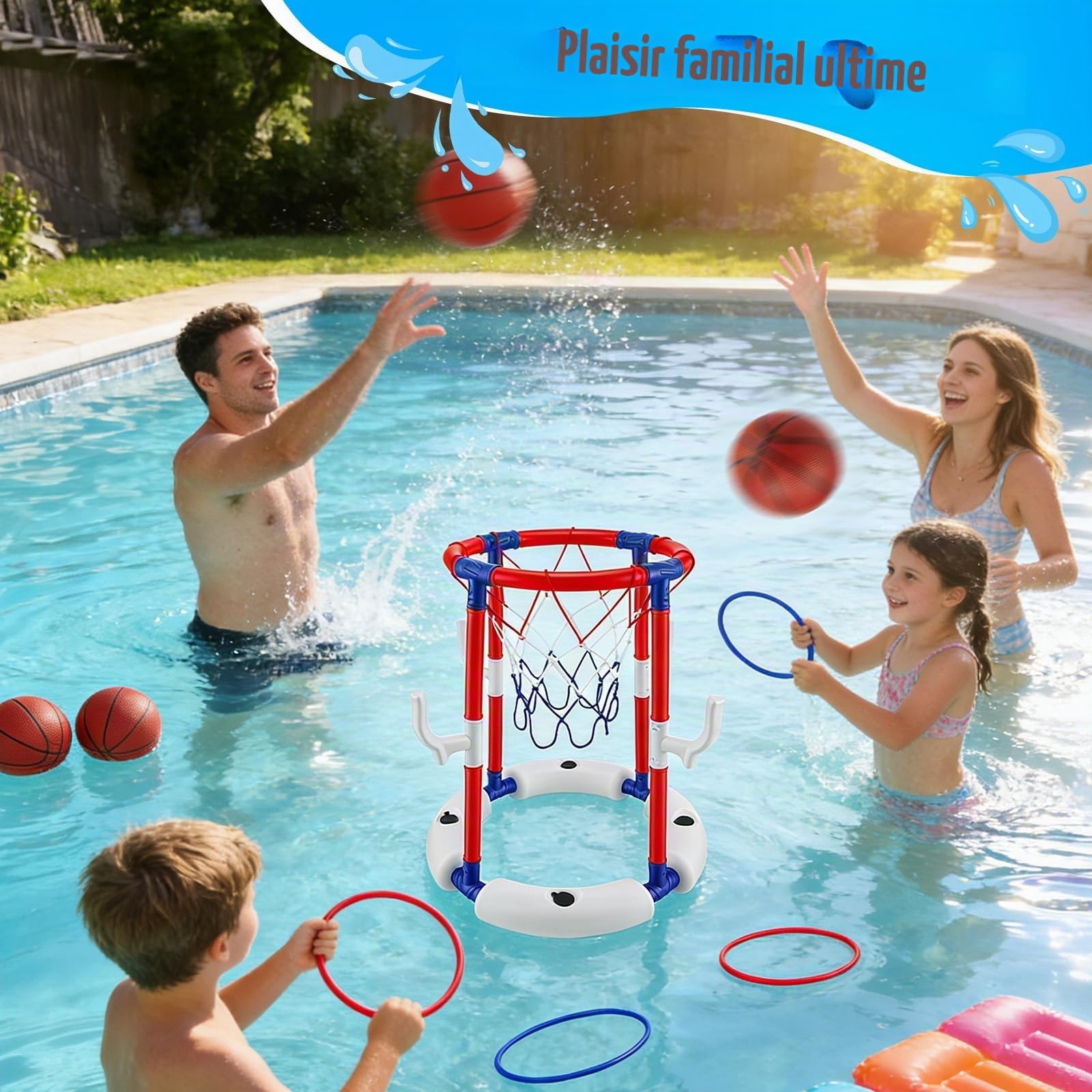 Panier de Basket 2 en 1 Flottant avec Jeu de Lancer d'Anneaux, Jouets de Piscine Gonflables pour Enfants et Adultes, 4 Ballons, 12 Anneaux et Pompe Inclus, Idéal pour Piscine, Plage