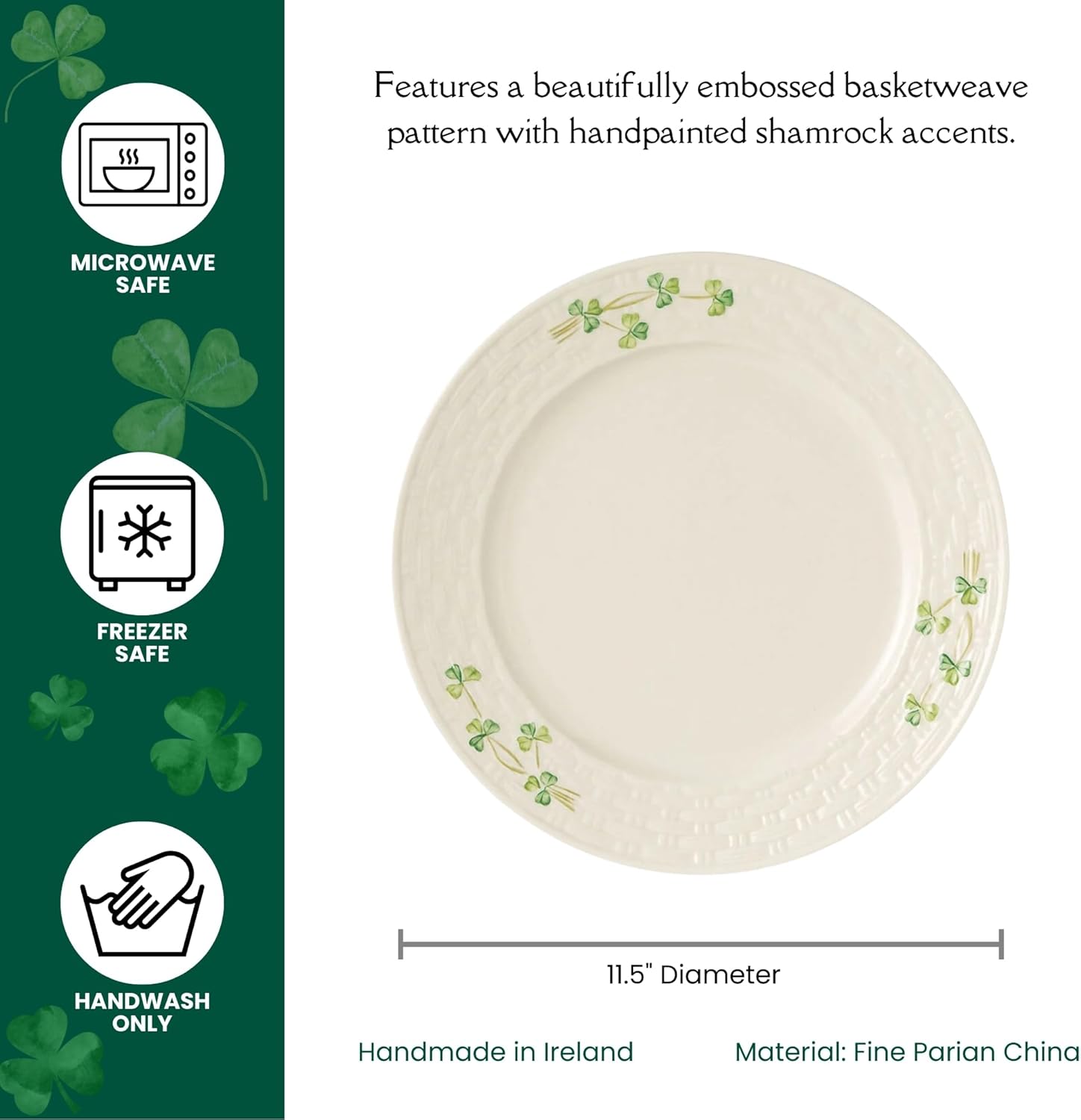 Belleek Shamrock Dinner Plate - Handcrafted Fine Parian China Ceramic Plate - 11.5"D Microwave Safe Porcelain Dinnerware, White