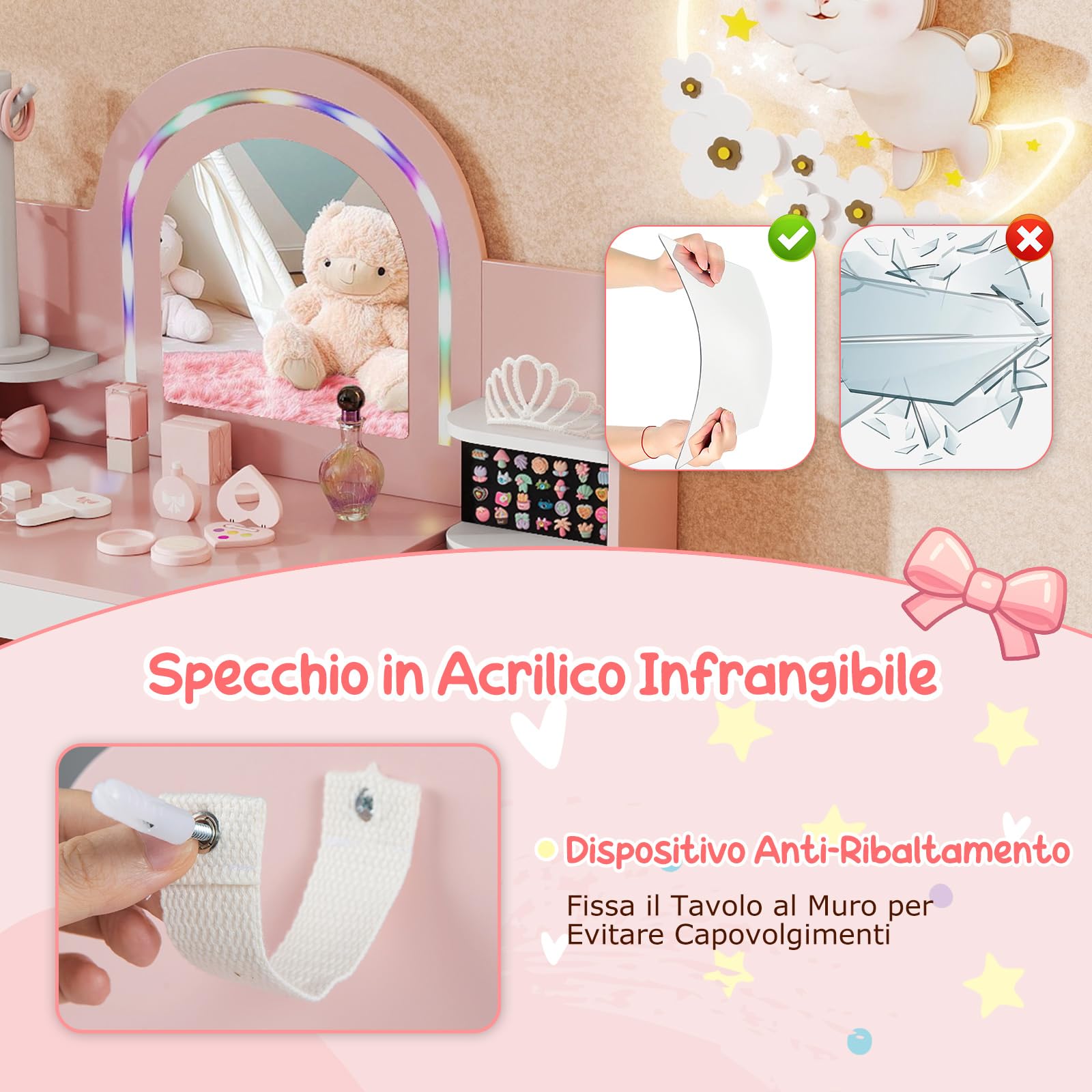 COSTWAY Toeletta Trucco per Bambina con Sgabello, Postazione Trucco con Luci, Scaffali a Vista, Prtagioielli, Libreria a 2 Ripiani e Contenitore in Tessuto, Ideale per Bambina 3+ Anni (Rosa)