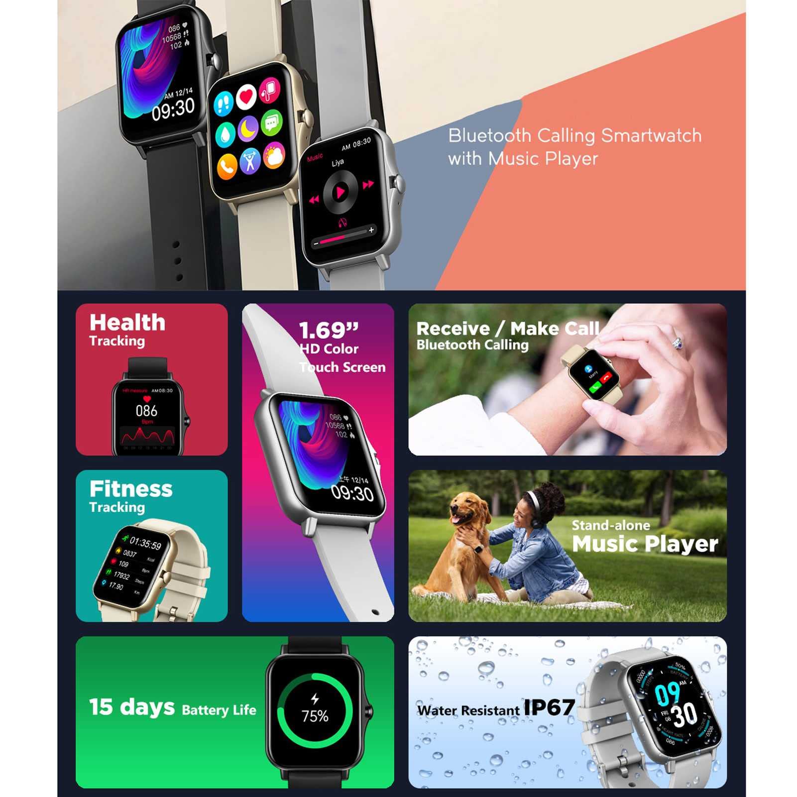 Inteligentny zegarek dla mężczyzn Kobiety 1.69 "Hd Color Touch Duży ekran Wodoodporny zegarek Monitorowanie snu Śledzenie kroków Powiadomienie w czasie rzeczywistym Bransoletka sportowa (złoto)