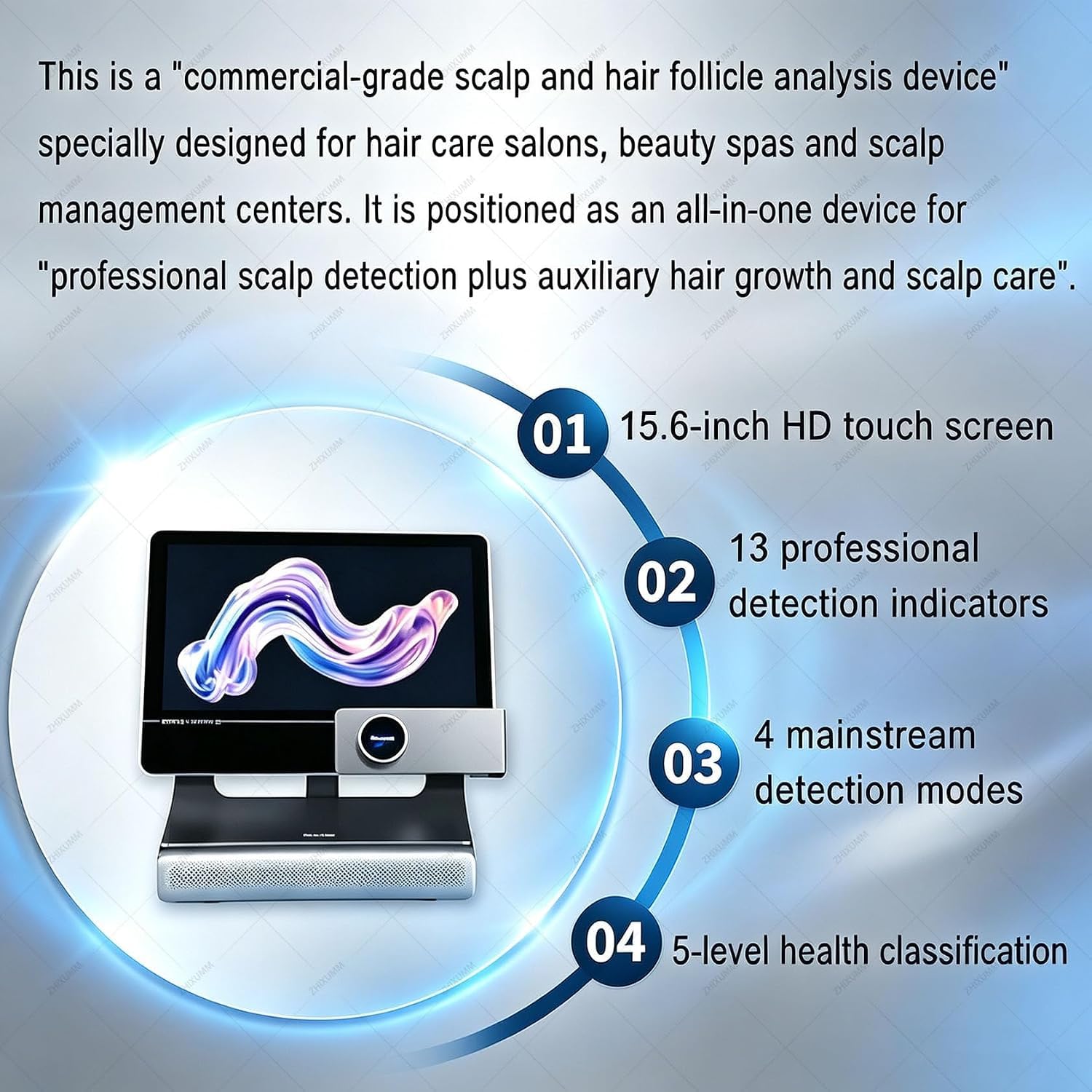 Analizador Profesional de Cuero cabelludo y Cabello con Pantalla HD de 15,6". Cabezales duales de 50x y 200x. Microscopio Digital para análisis de Cuero cabelludo y Piel.
