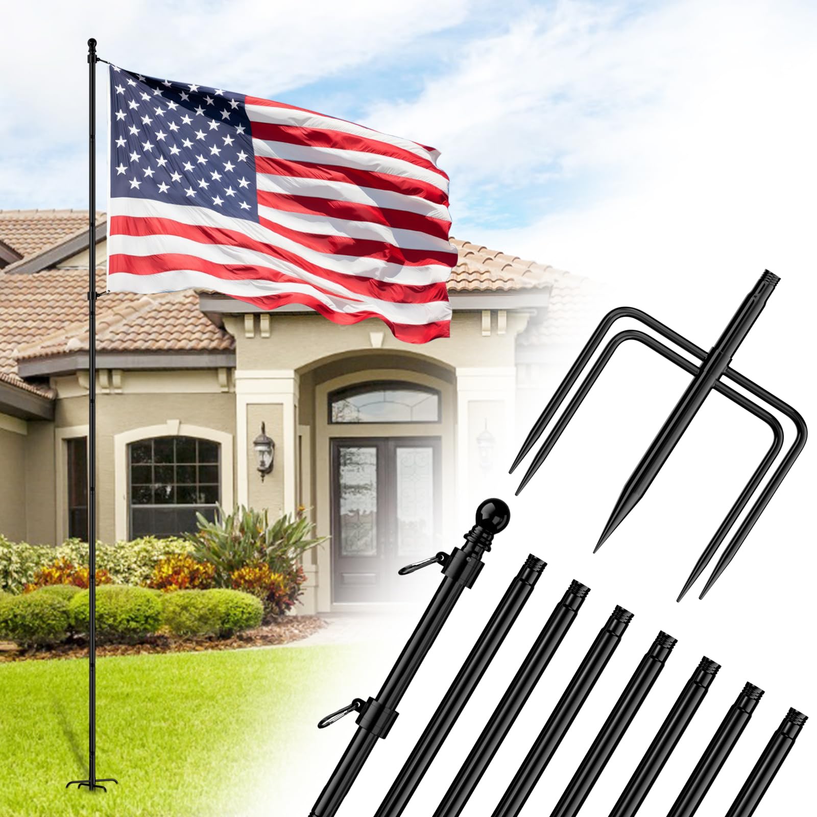 ZMTECH 10 FT Flag Pole in Ground, Heavy Duty Flag Pole Holder for Outside House with 5 Pronges Base, Extra Thick Flag Pole Kit for Outdoor Garden Decor Residential Commerical(1 Pack,Without Flag)