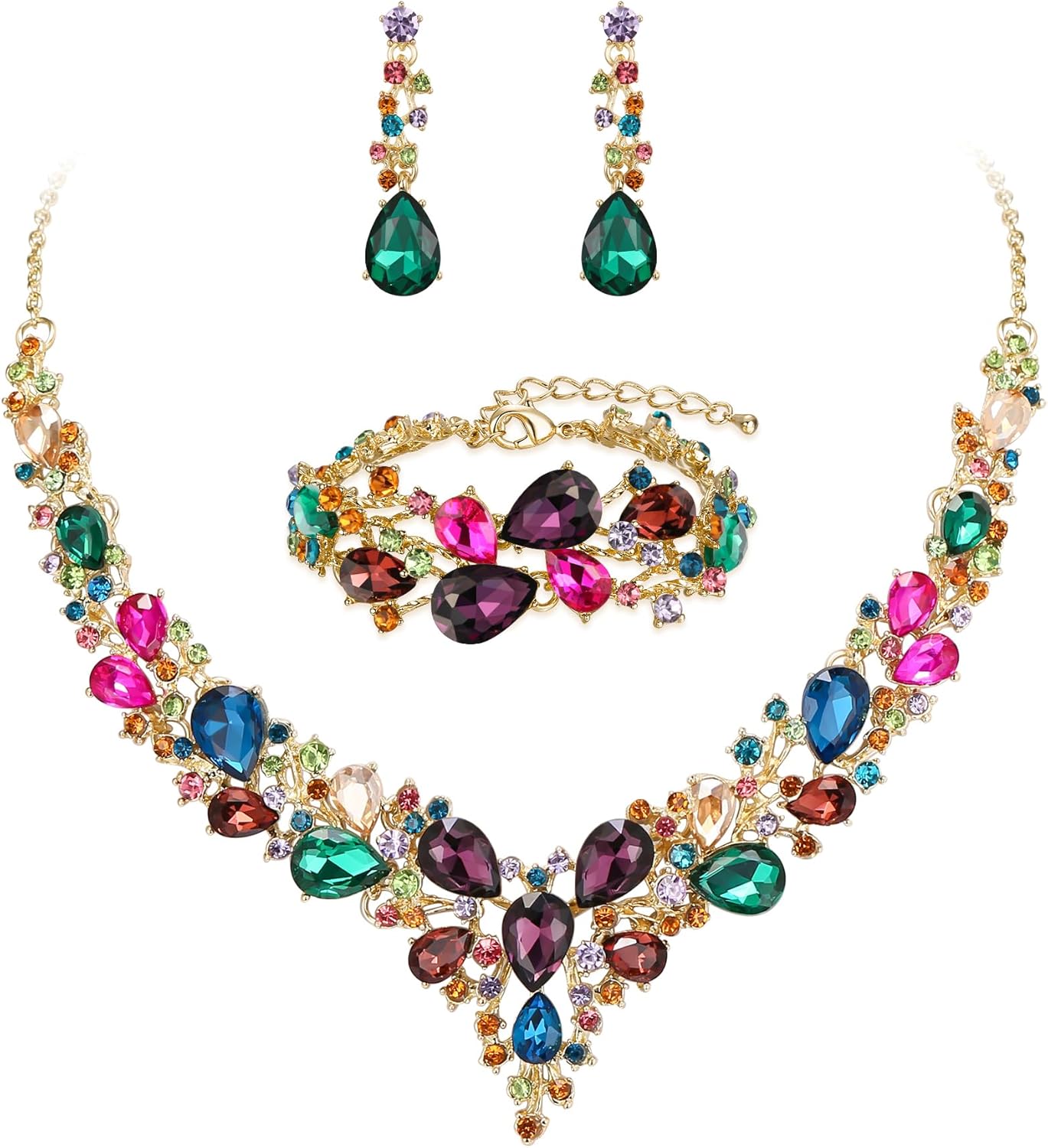 BriLove Wedding Bridal Jewelery for Women Austrian Crystal Teardrop Cluster Statement Necklace Dangle Earrings Link Bracelet Set