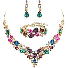 Wedding Bridal Jewelry Set for Women Bride Bridesmaids | Gorgeous Austrian Crystal Teardrop Cluster Statement Necklace Dangle Earrings Link Bracelet Set Prom Jewellery