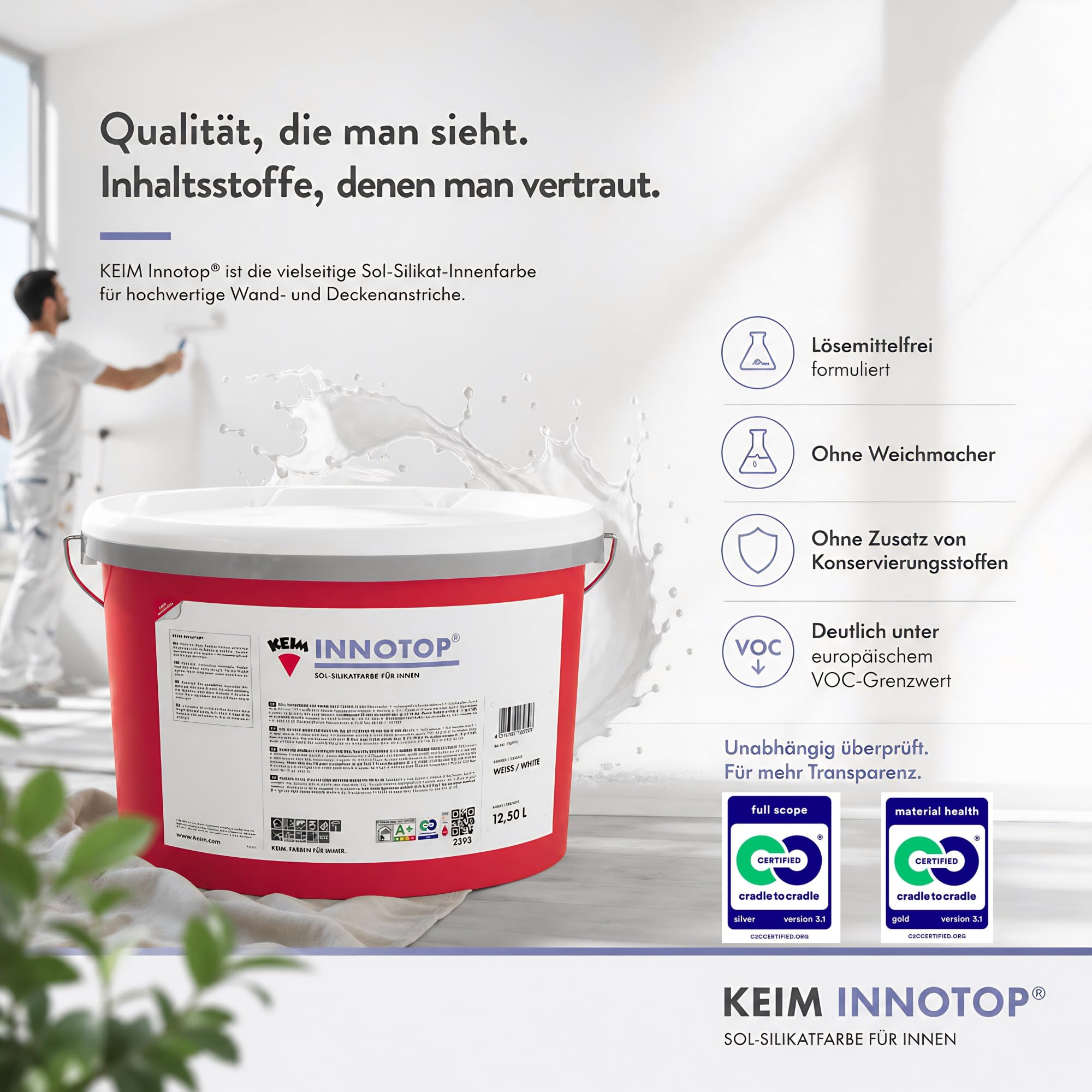 Keim Innotop 12,5L – Sol-Silikatfarbe für innen inkl. Rollsieb, diffusionsoffene Wand- & Deckenfarbe, mineralisch matte Innenfarbe für Neu- & Renovierungsanstriche