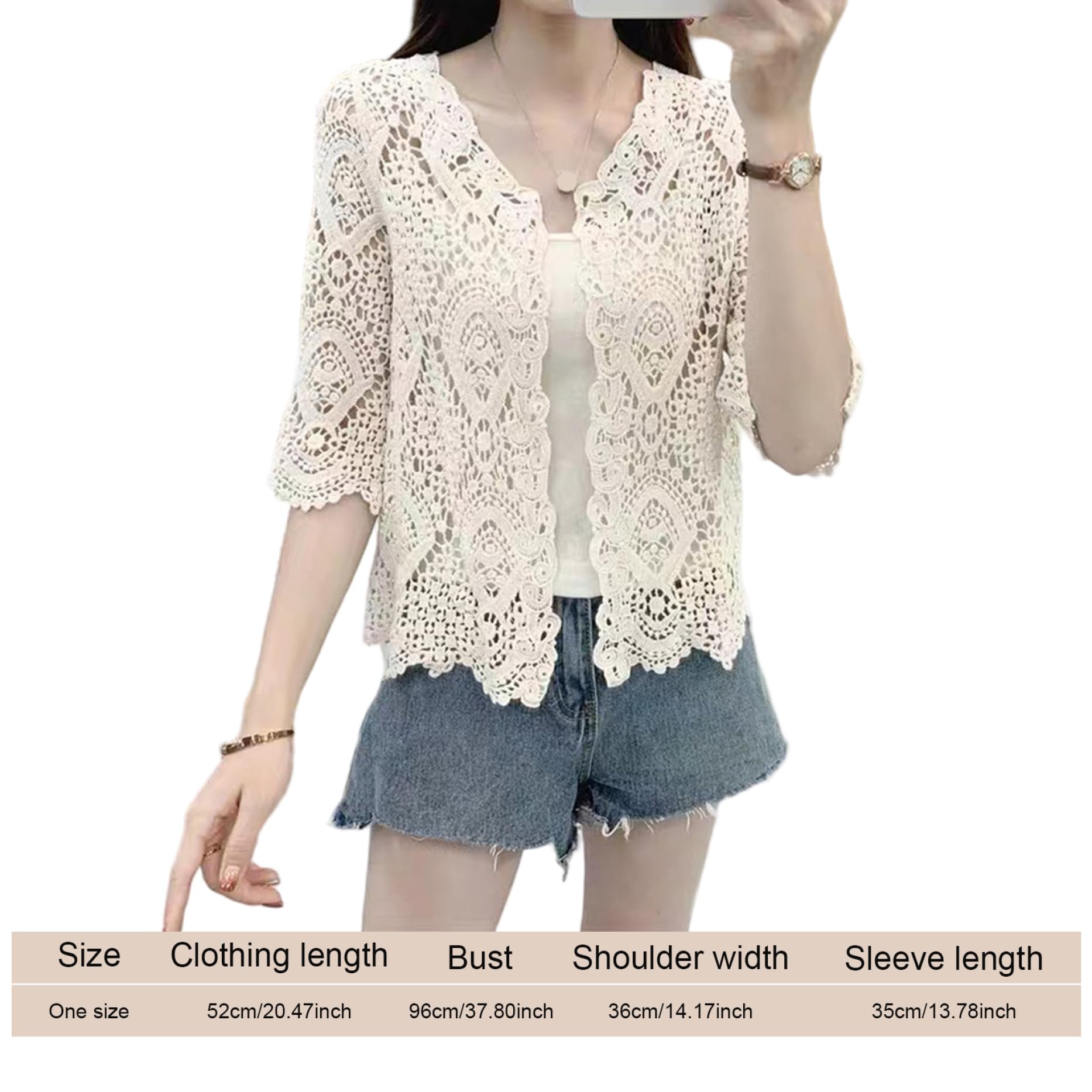 Cardigan all'Uncinetto Protezione Solare in Morbido Cotone Floreale Maniche a 3/4 Aperto sul Davanti Cardigan in Pizzo Estivo scolpito all'Uncinetto per Top da Donna