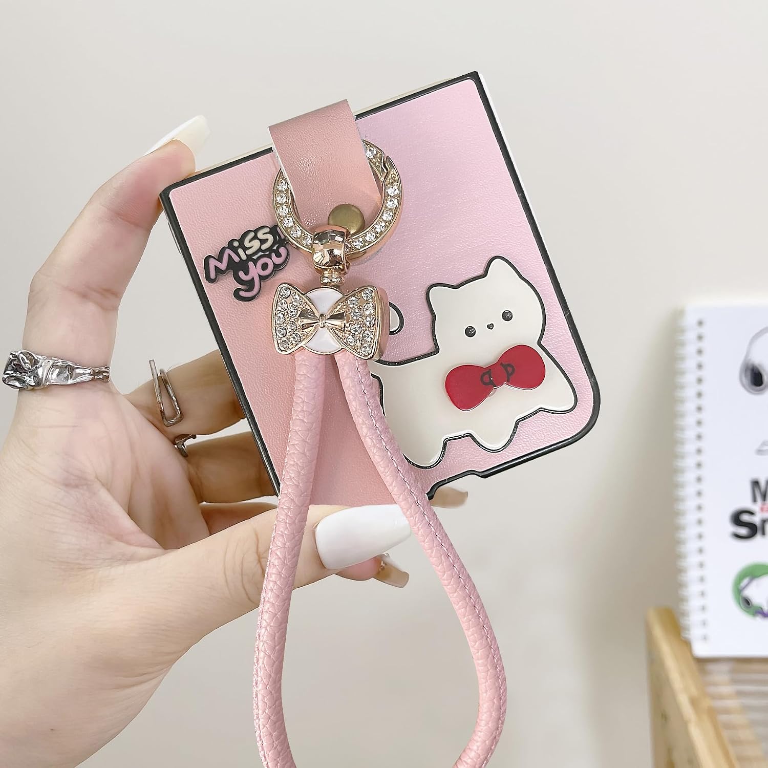 Flip-Phone Case for Motorola Razr Plus 2024 - Pink, Cute Cat Design, PU Leather & PC, Lanyard, Glossy Finish