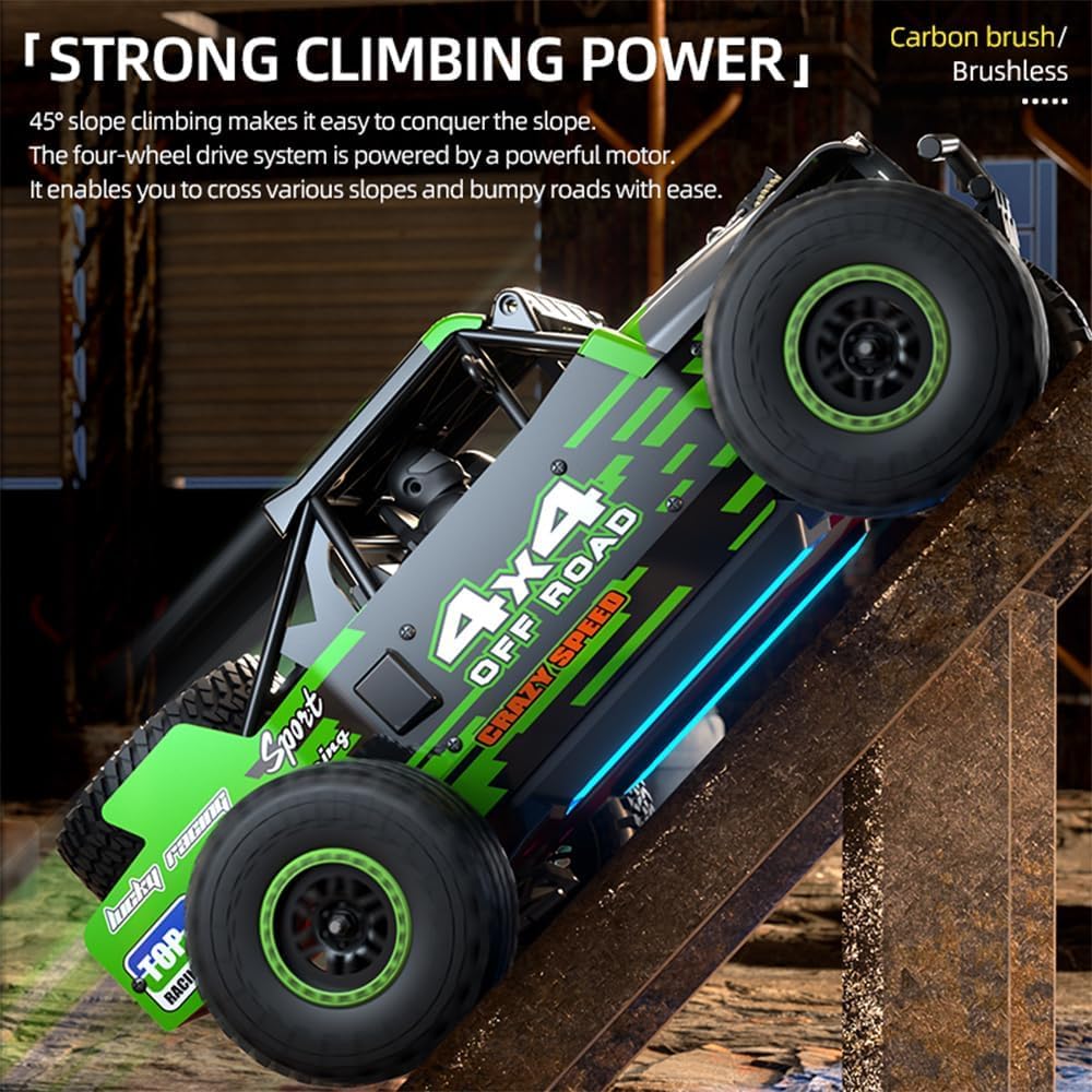 Zdalnie sterowany samochód 1/20, 40 km/h, RC, wysoka prędkość, Offroad Drift, samochód wyścigowy dla dorosłych, silnik ze szczotką węglową 2,4 G, 4WD Off Road Race Buggy, 3 baterie (zielony)