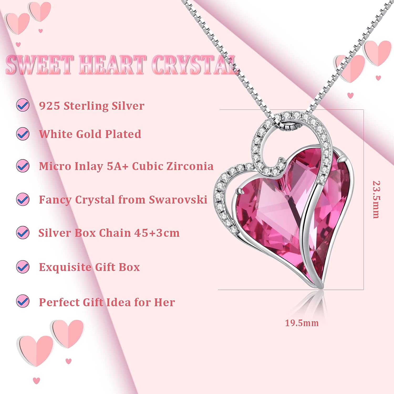 Love Heart Crystal Necklace Pendant for Women 925 Sterling Silver Necklace Jewelry 18 Inch - Image 2