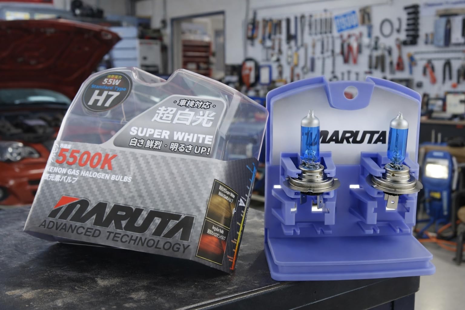 MARUTA SUPER WHITE H7 55W lámpara halógena para faros, luz de cruce, 5500 K efecto xenón, vidrio cuarzo duradero, homologación ECE