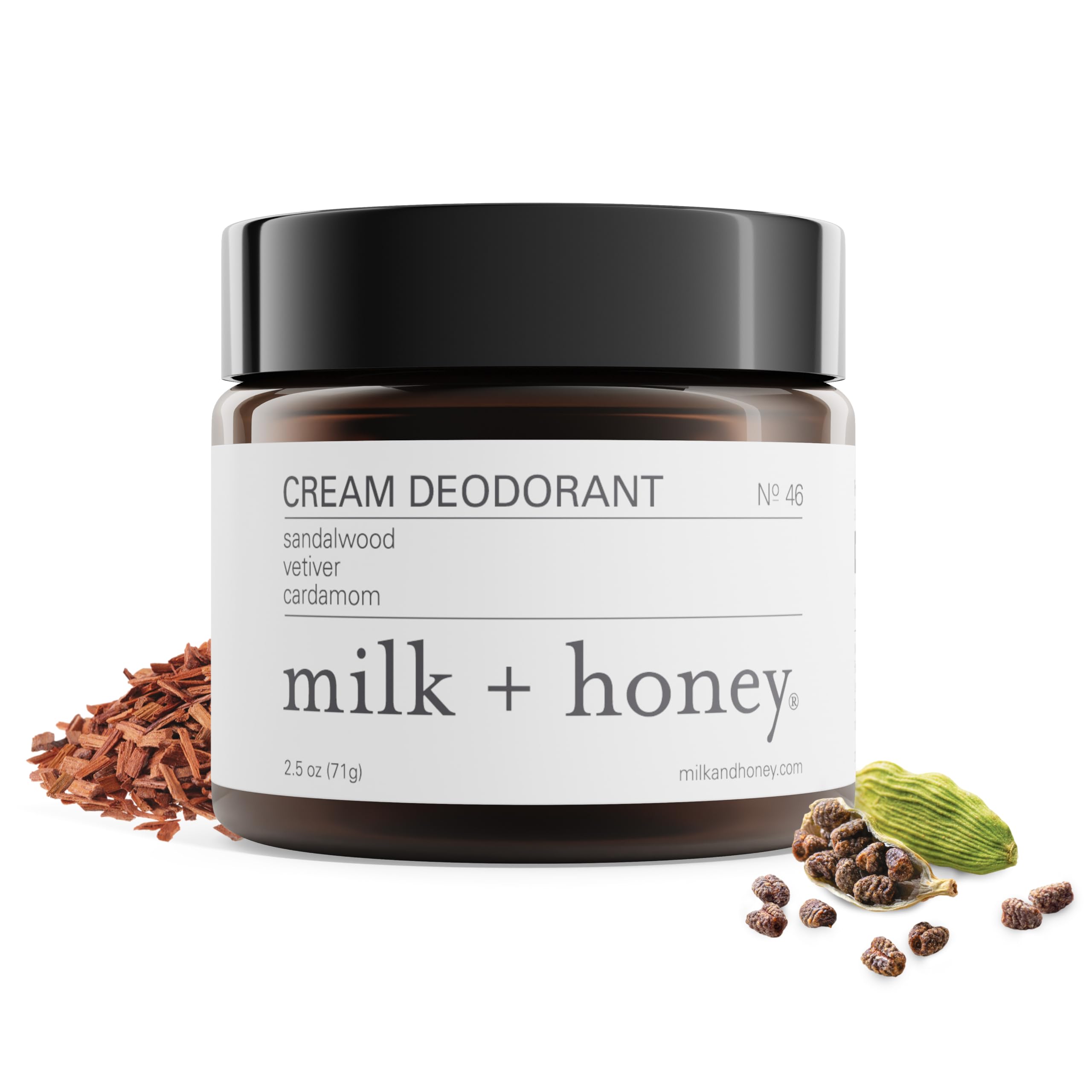 milk + honey Cream Deodorant No. 46 – Aluminum-Free, with Sandalwood, Vetiver, and Cardamom, for Sensitive Skin, 2.5 oz