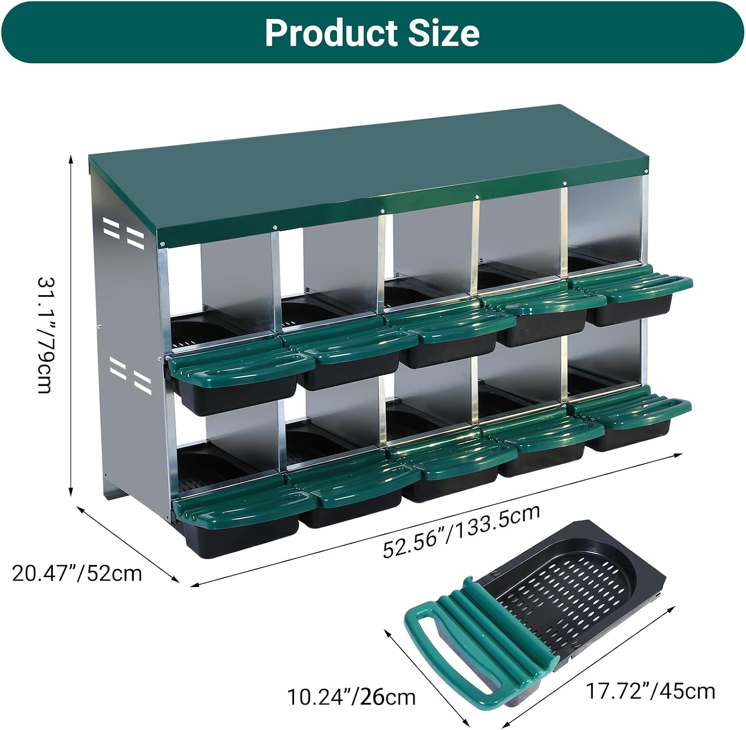 GarveeLife Nesting Boxes for Chickens, 10 Holes Chicken Nesting Boxes, Chicken Laying Box with Lid Cover, for Outdoor Chicken Coop Farm Yard, Green