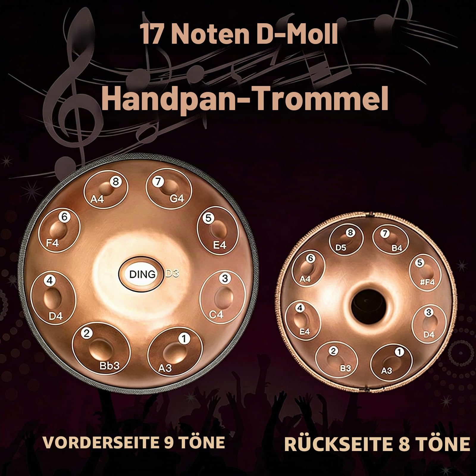 Handpan, 22" D-Moll, 17-tönige Stahl-Handtrommel, Stufenlose Stimmung