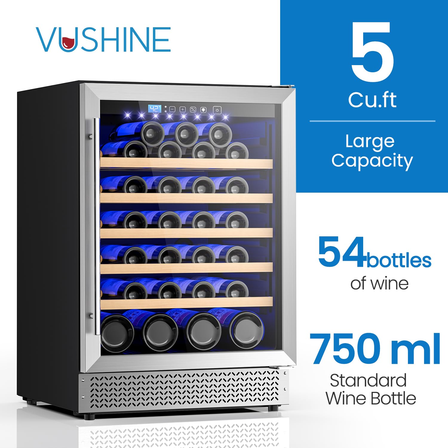 24 inch Wine Fridge, 54 Bottles Wine Refrigerator with Reversible Door, 41–64°F Temp Control, Built-in or/Freestanding Under Counter Wine Fridge, Adjustable Shelves & Low Noise for Home Kitchen Bar