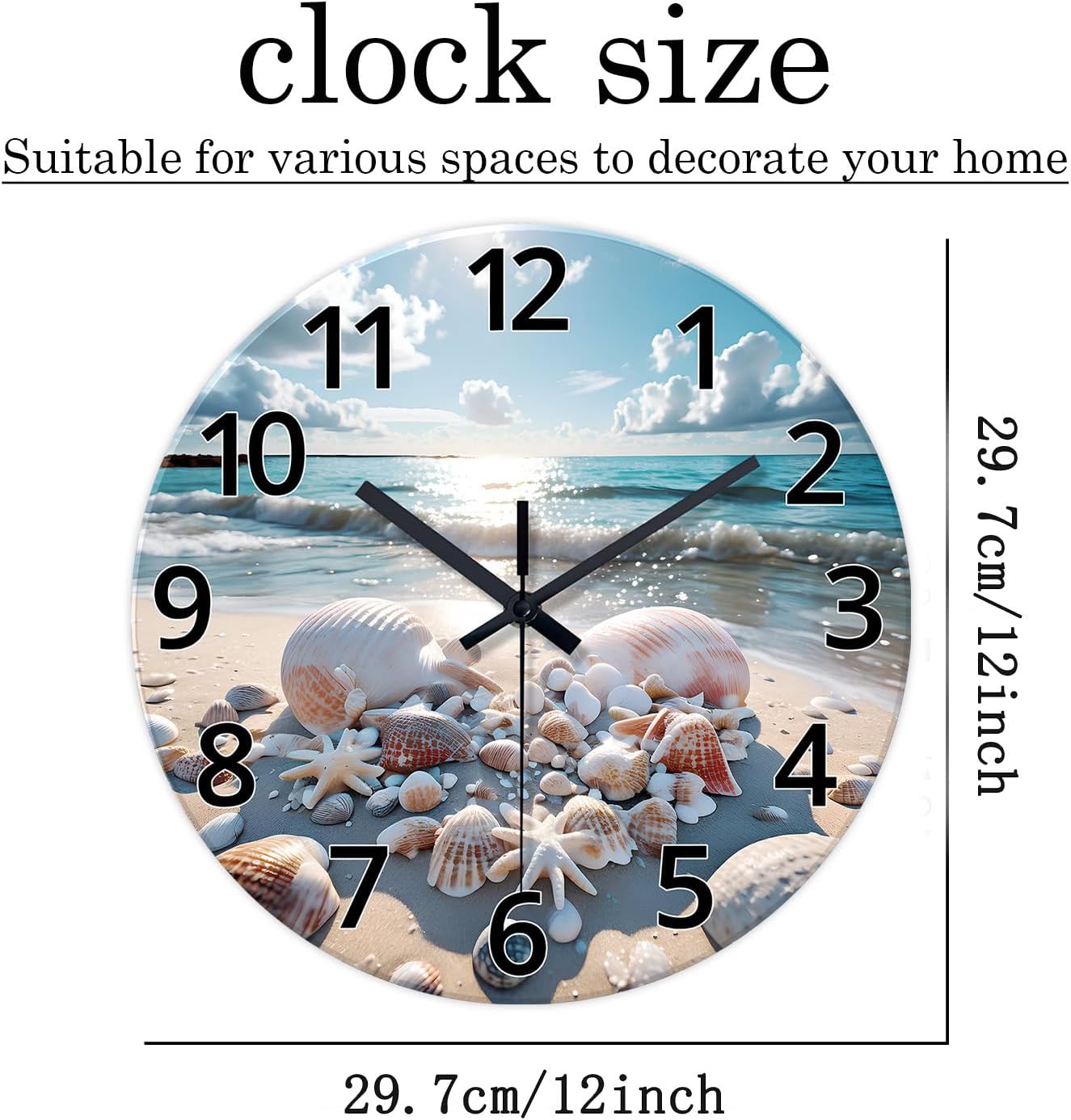 XNM Analog Blue Beach Wall Clocks for Living Room Coastal Sea Shell Wall Clocks Battery Operated 12 Inch Modern Round Glass Wall Clock Non Ticking