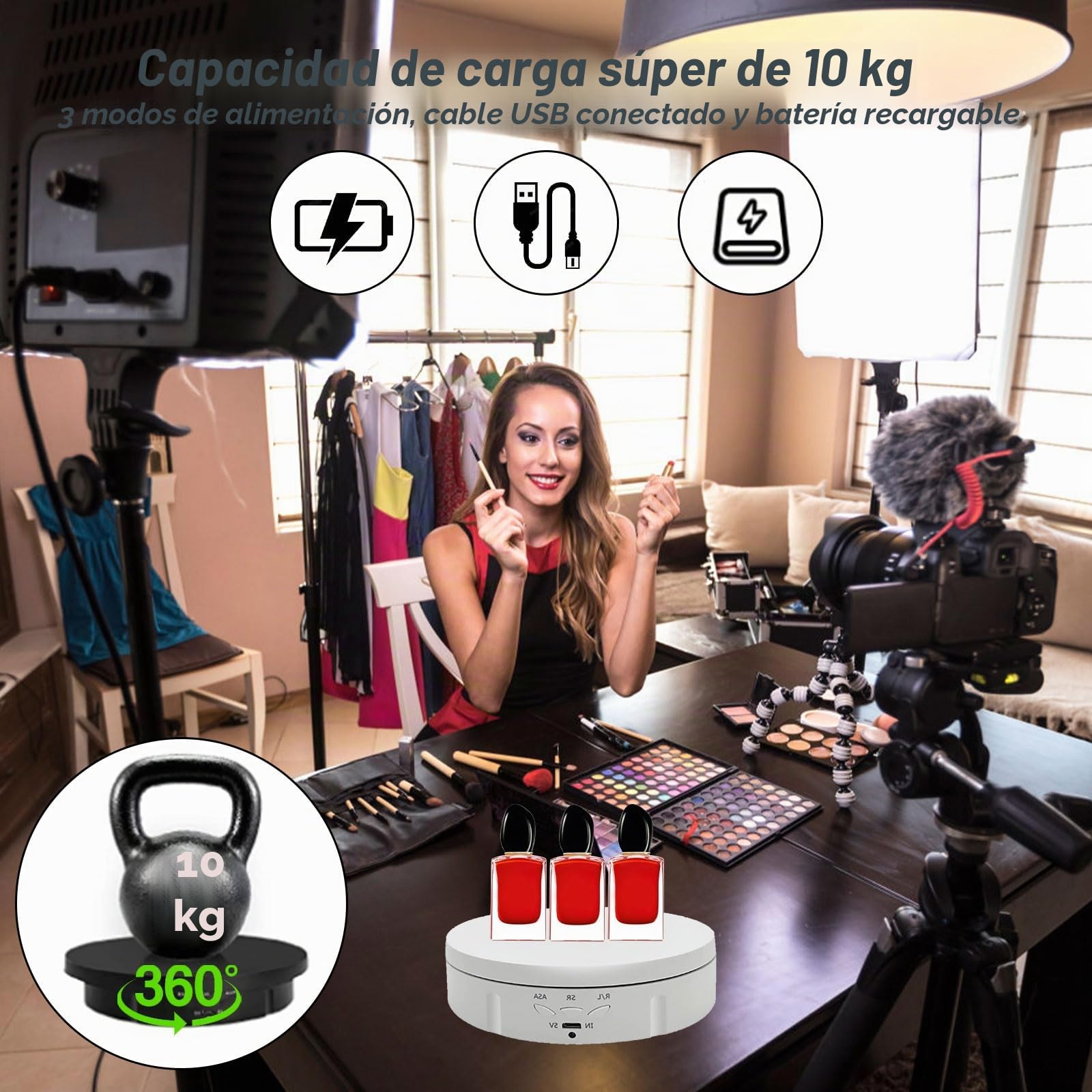Plato Giratorio Electrico con Mando Base Giratoria Electrica Pasteleria | Control de 3 Velocidades Expositor Giratorio Electrico, Máx. 22 Lbs Carga, para Joyería Pasteles Fotografía, Blanco