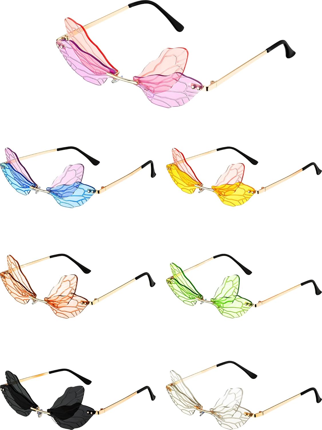 Flutesan 7 Pieces Dragonfly Sunglasses Fairy Glasses Butterfly Glasses Rimless Sunglasses for Women Men