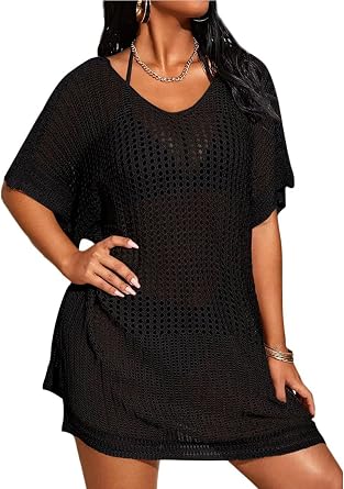 Womens Suimsuit Cover Up Short Sleeve Hollow Out Swimwear Coverup Bathing suit Knit Beach Tops