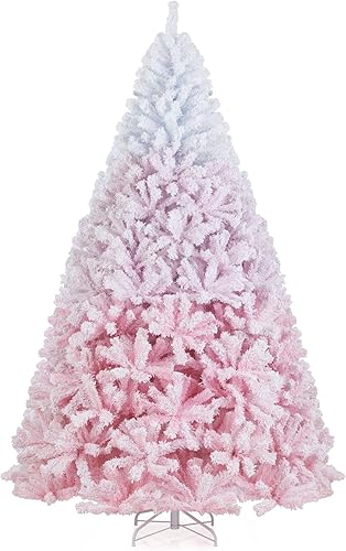 Miniatura 294 de Goplus - Árbol de Navidad artificial preiluminado de 9 pies, pino nevado articulado de PVC de alta calidad con base metálica y luces LED, decoración