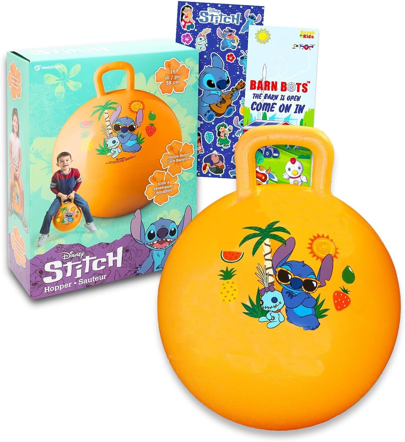 Stitch Hopper Ball Bundle - Bouncy Ball with Handle for Kids + More | 15" Lilo and Stitch Hippity Hop Jumping Ball for Kids Plus Stickers, More | Stitch Backyard Activities, Outdoor Toys, Parties