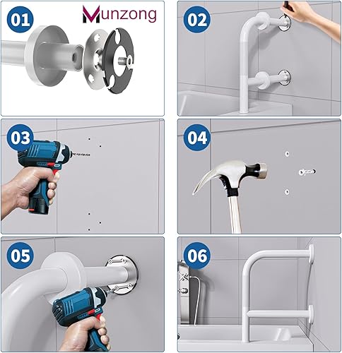 Miniatura 7 de Barras de agarre Munzong de 16 pulgadas para tinas y duchas, barra de agarre antideslizante blanca para pared en forma de F, barandilla de mano