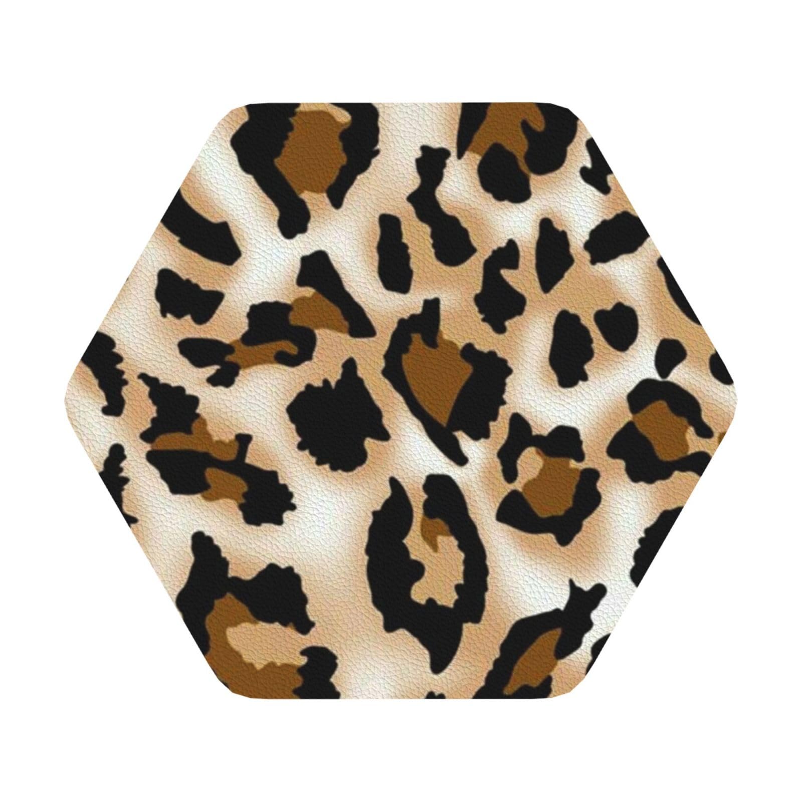 Leopard PU Leather Coasters Set of 6 Hexagon Drink Coasters