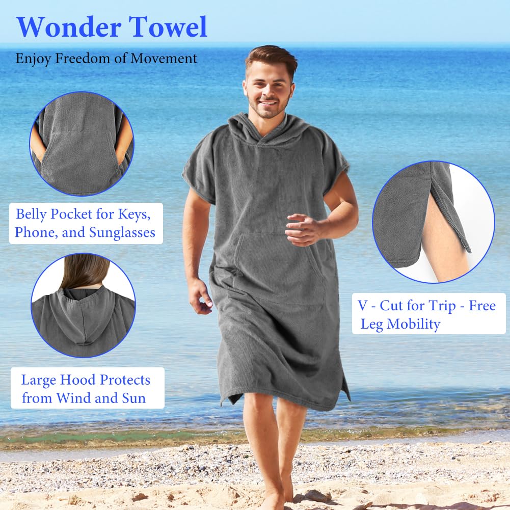 AUYAO Poncho Surf, 110cmX78cm Poncho de Toalla con Capucha para Adultos, Capa Cambiarse, Microfibra de Secado Rápido, Toalla Poncho con Bolsillos Unisex Ideal para Vacaciones Surf Playa, Gris Claro