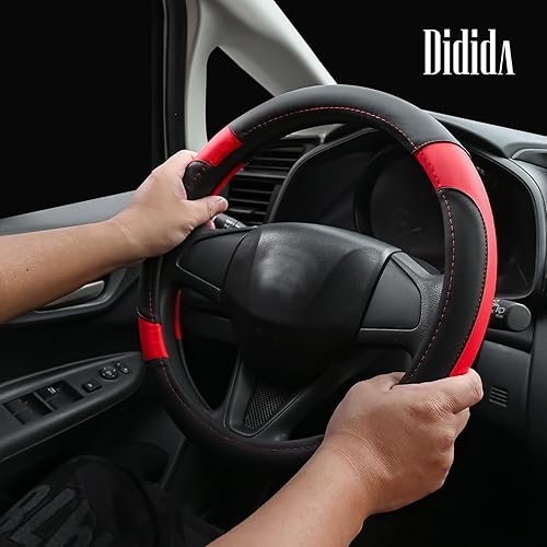 Miniatura 4 de Didida Cubierta de rueda de cuero de microfibra ajuste universal para universal 15 pulgadas, negro y rojo